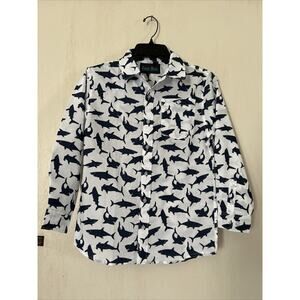 Bold Blue Button Down Shirt Shark Design Boys Size Medium M Long Sleeve Preowned